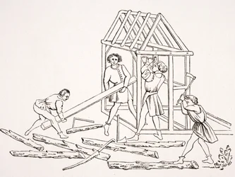 Zimmerleute, nach einer Miniatur in einem Manuskript des 15. Jahrhunderts, 
